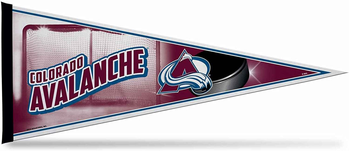 Colorado Avalanche soft felt pennant, white and red triangle with Avalanche logo and text.
