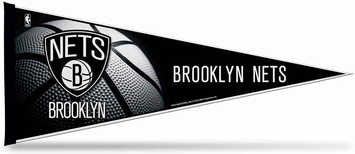 Soft felt basketball pennant with Nets logo and BROOKLYN NETS text, black and white