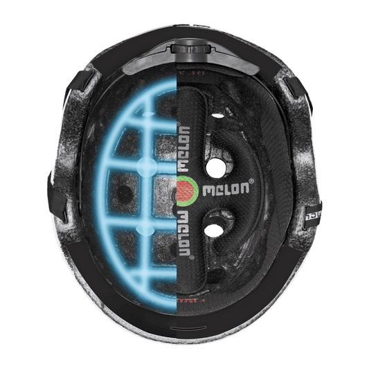 Helmet interior with black padding and chin strap adjustment parts