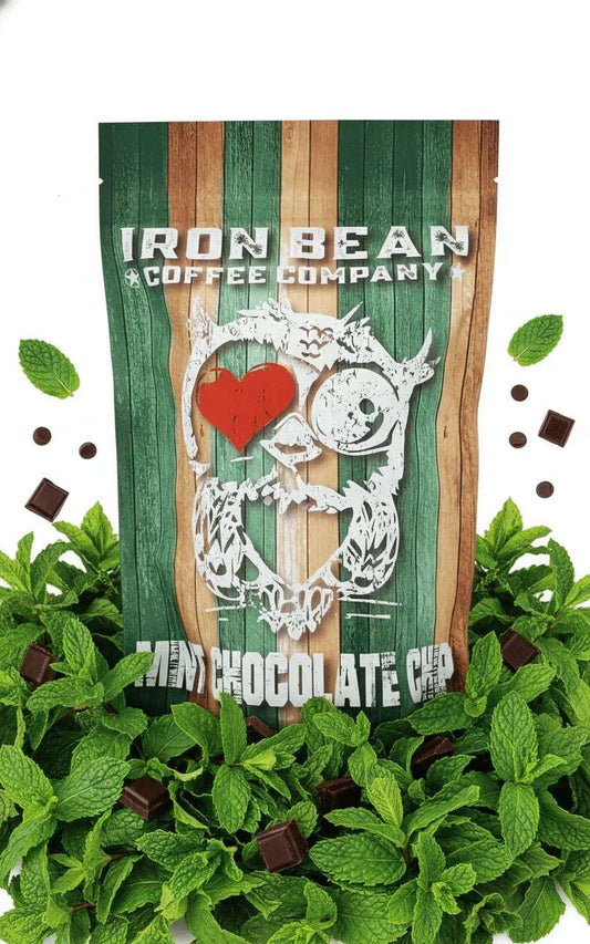Iron Bean Coffee Company mint chocolate chip coffee bag with mint leaves, 12 oz
