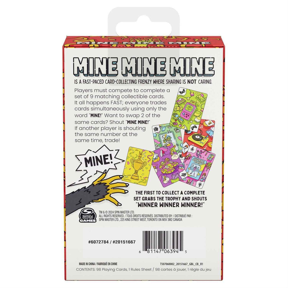 Mine Mine Mine card game box back with instructions text and card rules diagram