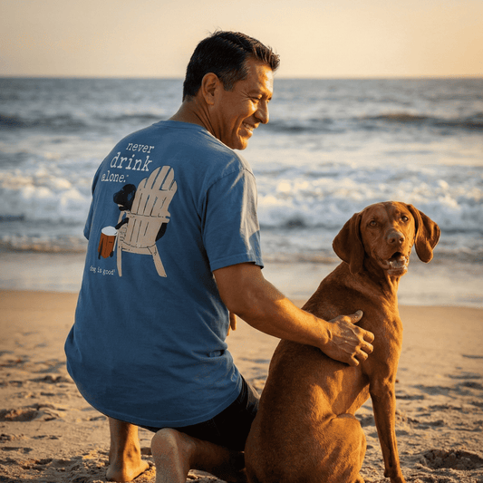 Blue unisex T-shirt with back graphic and text "never drink alone"