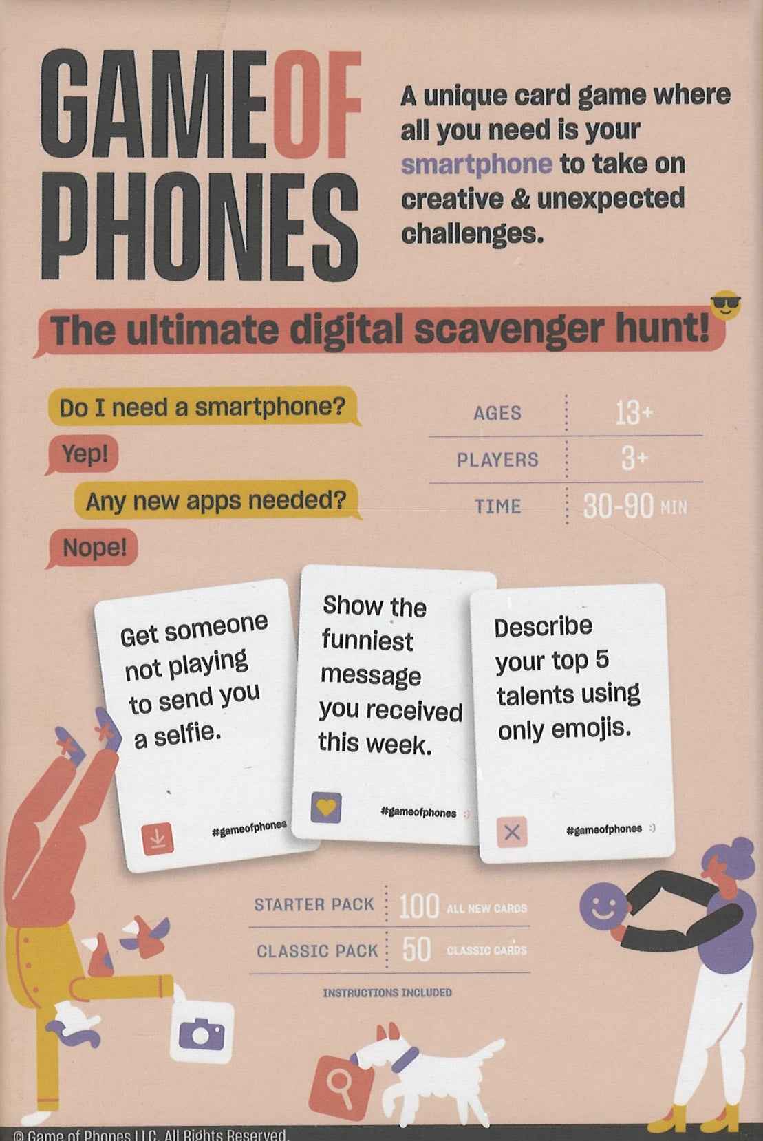 Smartphone card game box back panel with gameplay rules, ages, players, and time info