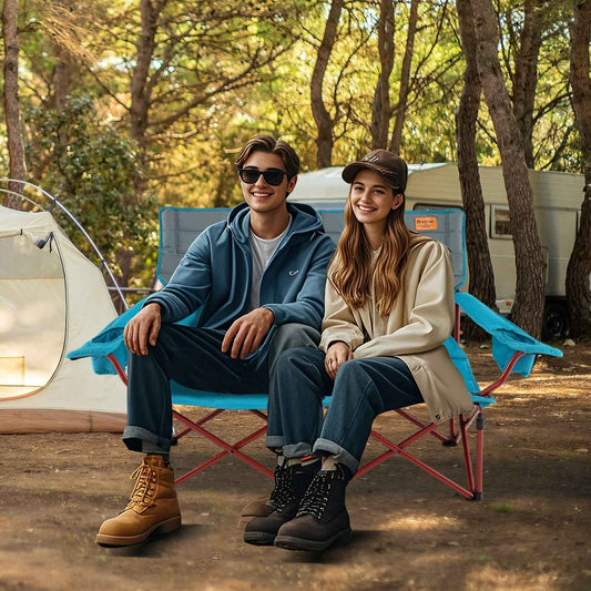 Blue folding camping loveseat chair with padded seat and back, shown with two people sitting