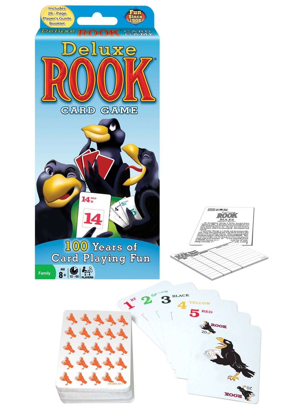Deluxe Rook card game packaging showing deck cards and instruction sheet
