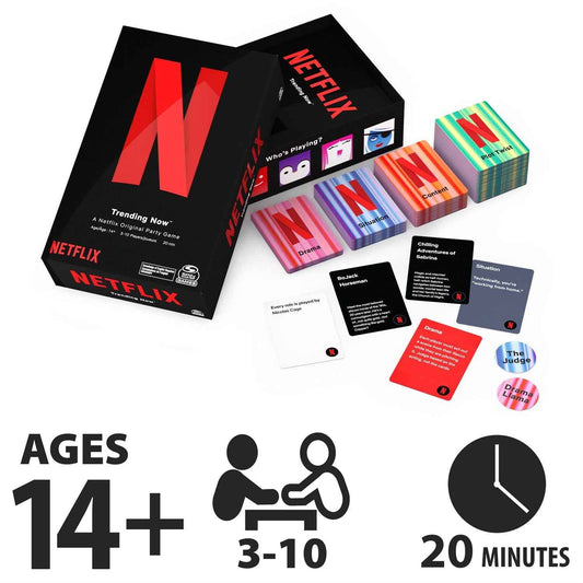 Netflix Trending Now card game set with card deck, small tokens, and instruction sheets