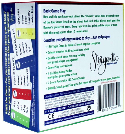 Party card game box back with game rules and features text panel