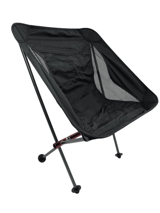 Portable camp moon chair, black seat with front mesh panels and green folding legs.