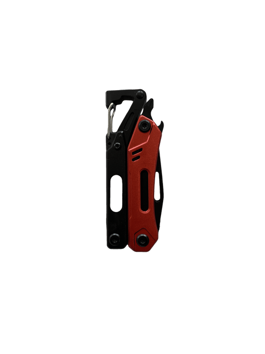Compact folded red and black multi-tool pliers with tool heads shut