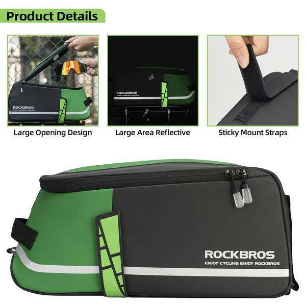 Green and black bike rack bag front view with zipper, reflective panel, and sticky mount straps