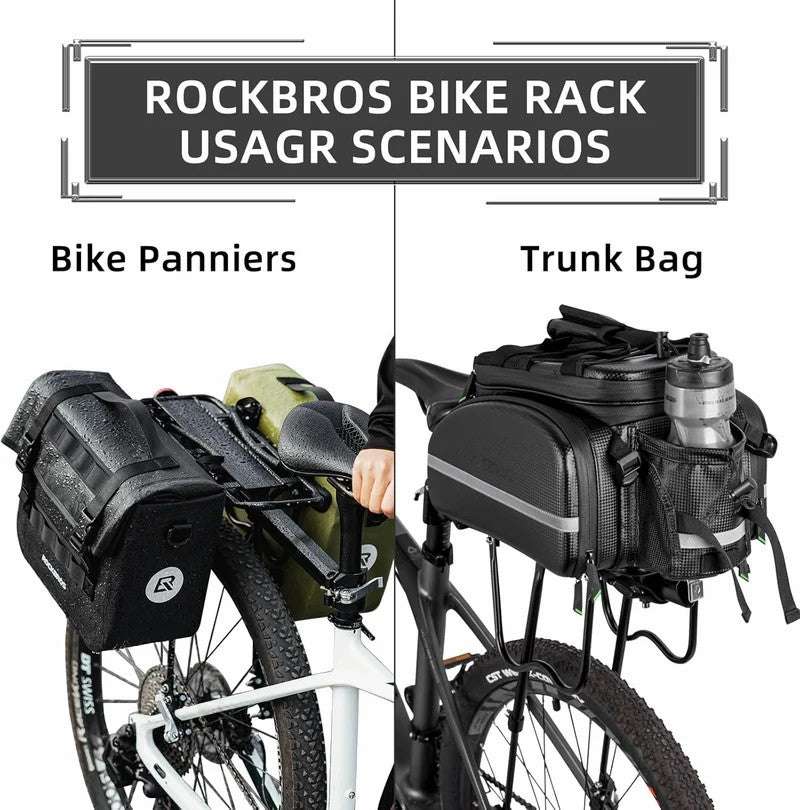Rear bike rack with trunk bag and bike panniers mounted on a bicycle
