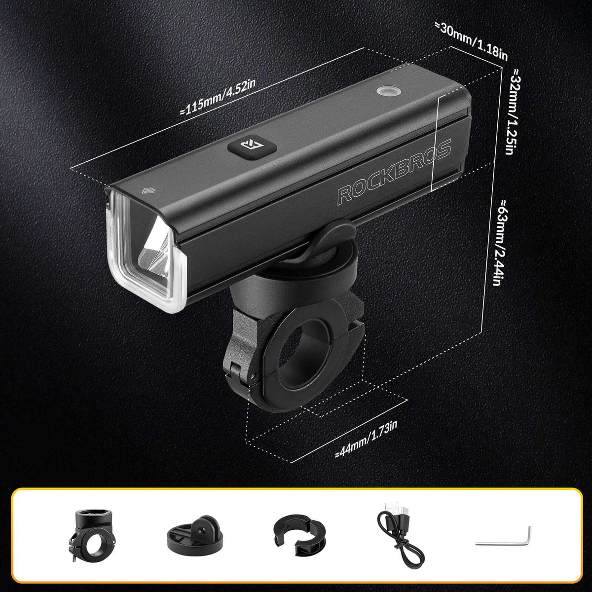 ROCKBROS bike front light with black housing, front lens, and included mounting pieces