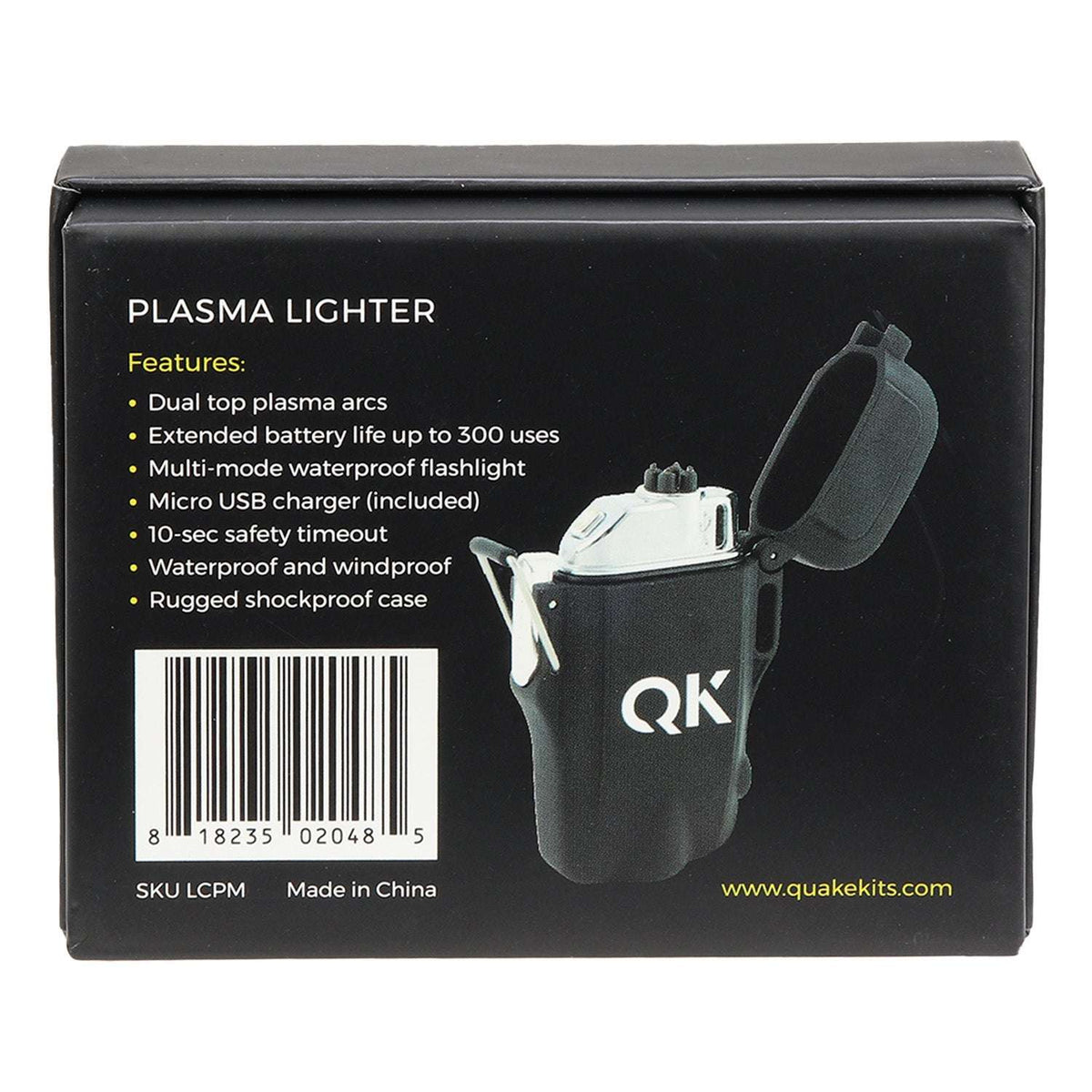 Quake Kits plasma lighter retail box back, printed features and product branding