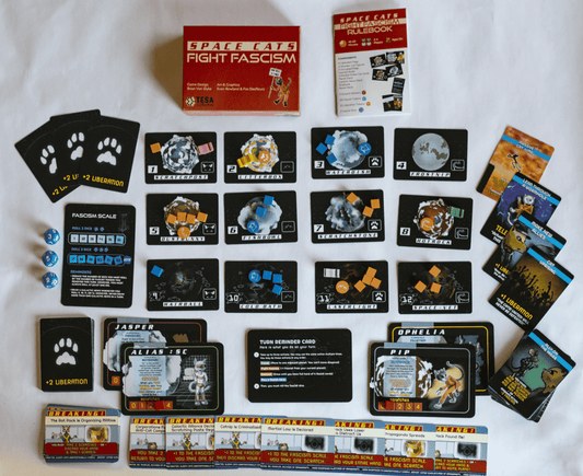 Board game components laid out: cards, tokens, and plastic pieces on tabletop