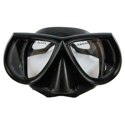 Black low-volume diving mask with two tempered-glass lenses and silicone skirt