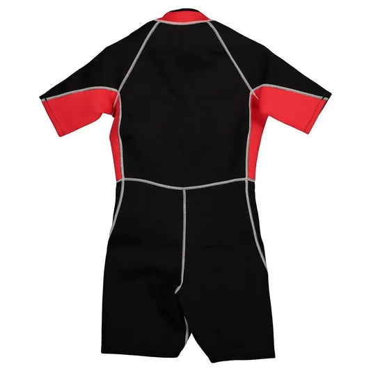 Men's black shorty wetsuit with red sleeves, chest panel, and gray seam lines