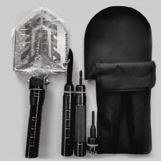 7-in-1 folding shovel multi-tool set in black storage pouch with metal attachments