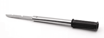 Compact camp shovel and knife set handle with attached blades and black grip sleeve