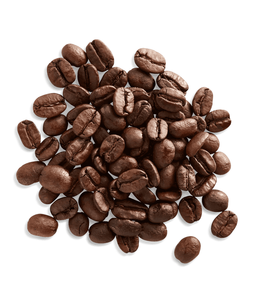 Whole coffee beans pile, dark brown medium roast, ginger snap flavored coffee