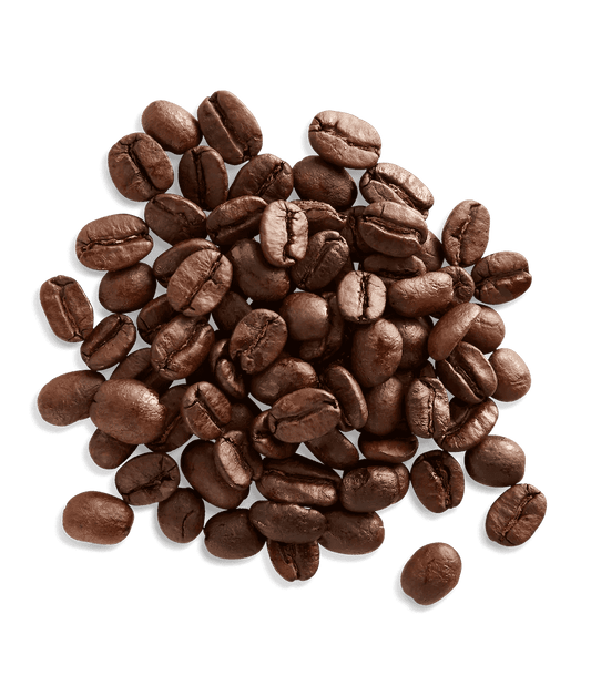 Whole coffee beans pile, dark brown medium roast, ginger snap flavored coffee