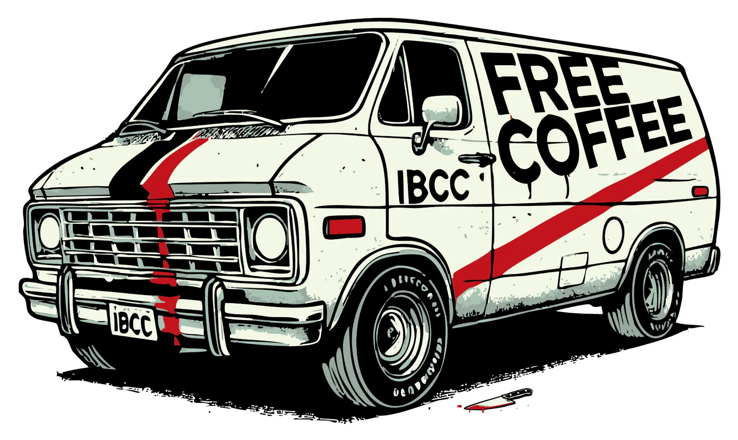 Mug with cream delivery van graphic, red stripe, FREE COFFEE text