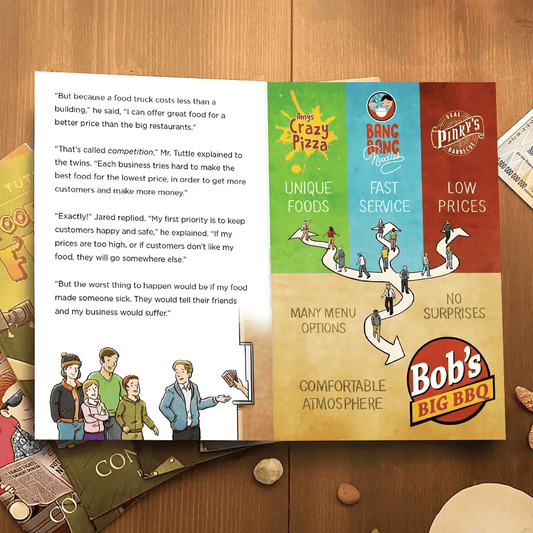 Children's storybook with green illustrated cover titled “Food Truck Fiasco”.