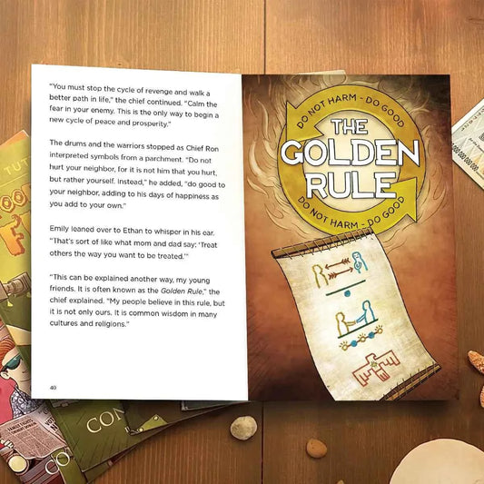 Open book showing 'The Golden Rule' illustrated page and printed text.