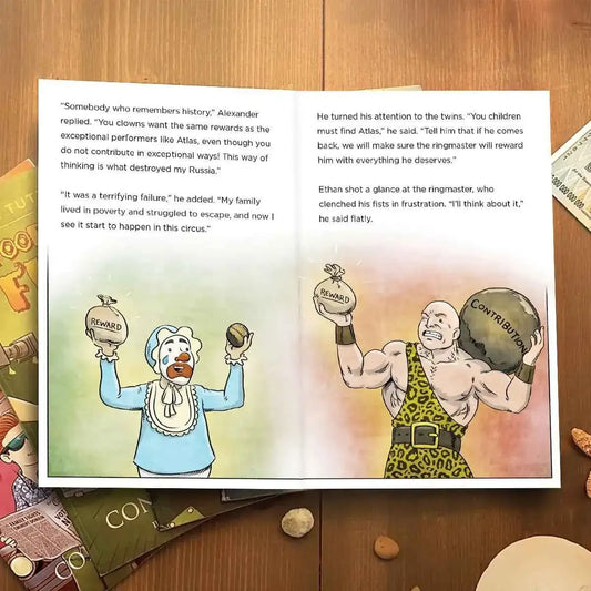Open children's book pages with cartoon reward and contribution illustrations