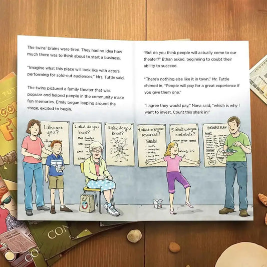 Open children's book pages with illustrated conversation panels and handwritten-style notes
