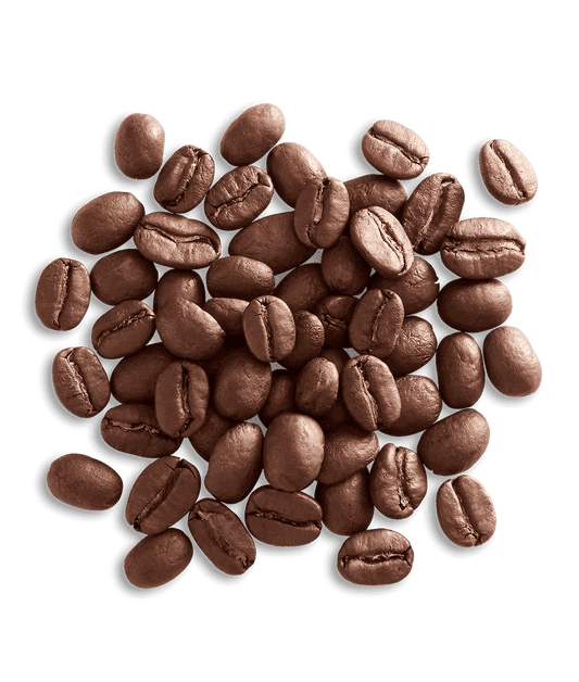Pile of roasted coffee beans, oval glossy brown kernels