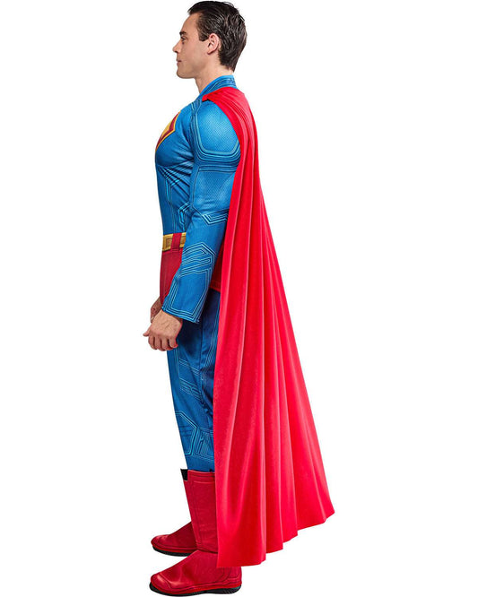 Adult padded superhero costume in blue with red cape, side muscles and matching red boots