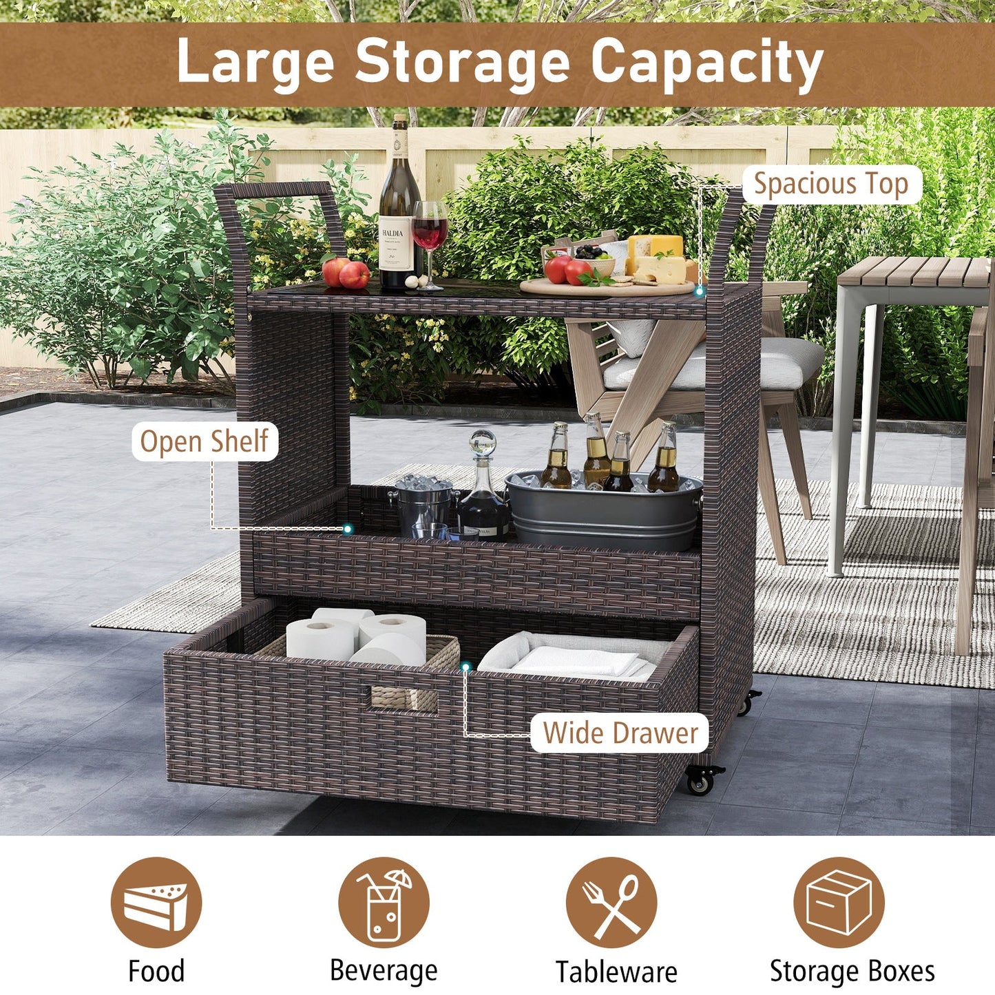 Wicker bar cart with spacious glass top, open shelf, and wide extended drawer