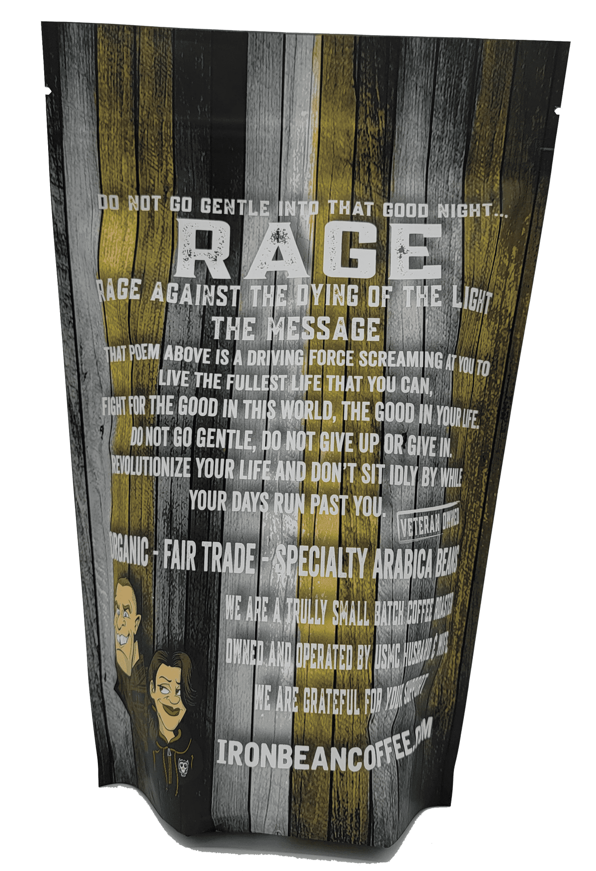 Back of vanilla hazelnut coffee bag with roast and fair trade information, Iron Bean