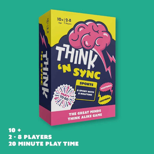 Think 'N Sync sports party game box with 10+ 2–8 players label and brain artwork