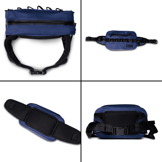 Blue waterproof waist pack with adjustable straps and top handle loop