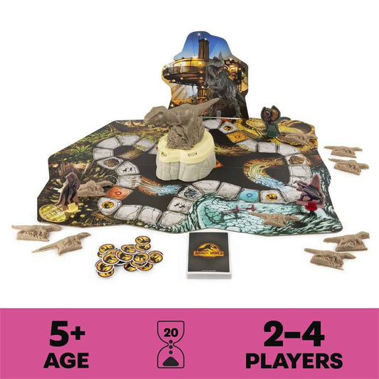 Stomp N' Smash board game play mat with dinosaur molds, tokens, and kinetic sand