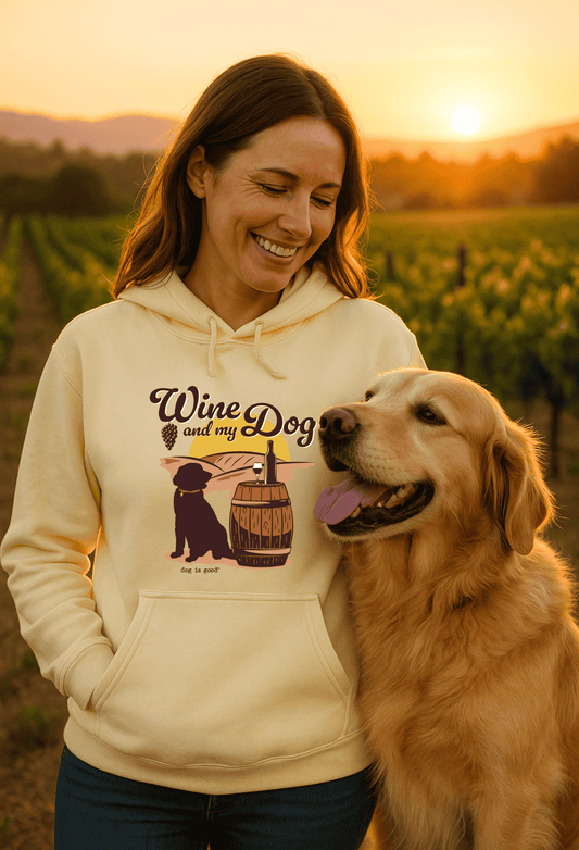 Yellow cream fleece hoodie with hood and front pocket; Wine Dog chest graphic