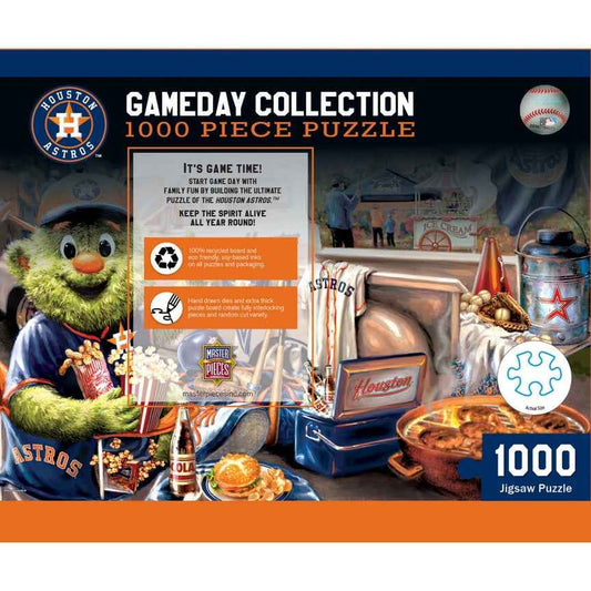 Houston Astros 1000-piece jigsaw puzzle box art with mascot, props, and large 1000 text