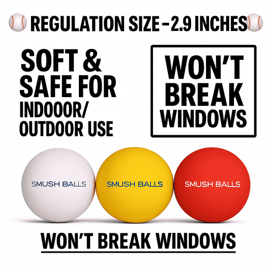 Soft training baseballs, three multicolor balls: white, yellow, and red