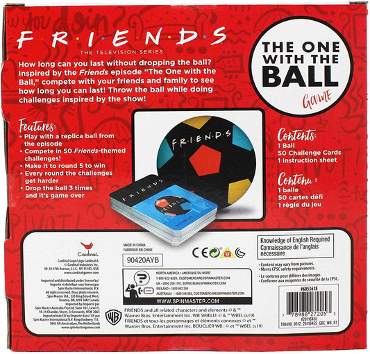 Friends ball party game box back, red design with ball graphic and card content