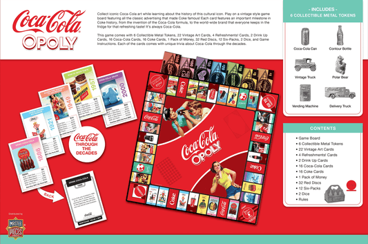 Coca-Cola Opoly board game contents: board, cards, instruction sheets, dice, and tokens