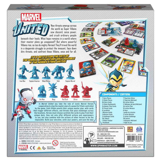 Marvel United cooperative strategy card game box back with rules and components list