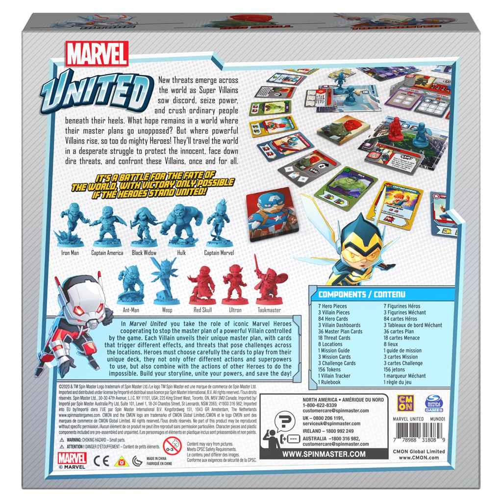 Marvel United cooperative strategy card game box back with rules and components list
