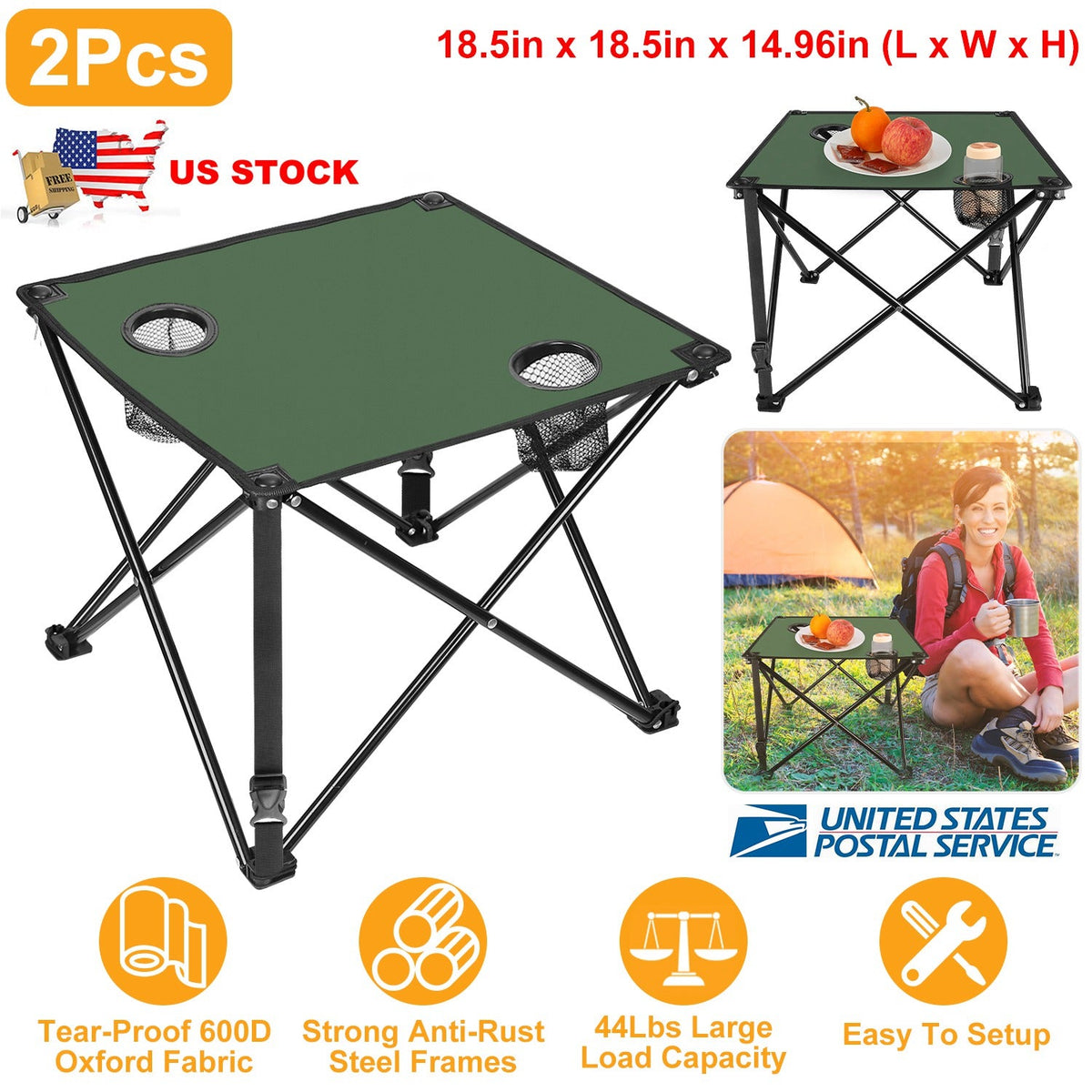 LakeForest Folding Camping Table with 2 Cup Holders – 600D Oxford, 44 lb Capacity | 18.5"x18.5" | 2.2 lbs | 1-Pc & 2-Pc Sets