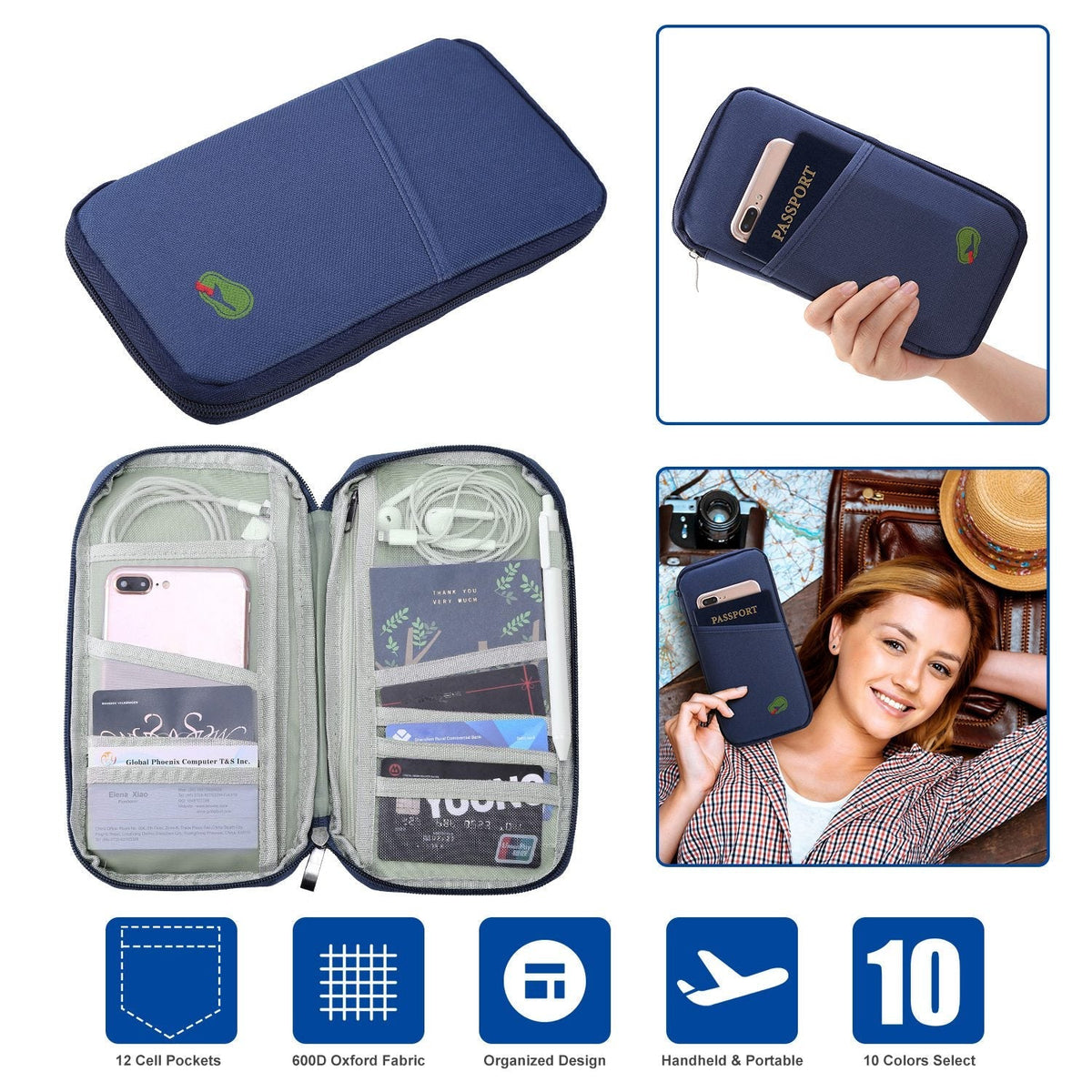 LJG Travel Passport Wallet – 12-Cell Organizer, Water-Repellent Zipper Case – Royal Blue