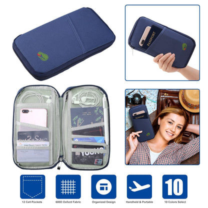 LJG Travel Passport Wallet – 12-Cell Organizer, Water-Repellent Zipper Case – Royal Blue