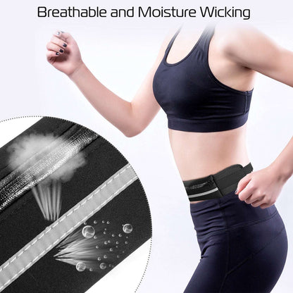 Black waist bag worn on waist with reflective stripe on neoprene fabric
