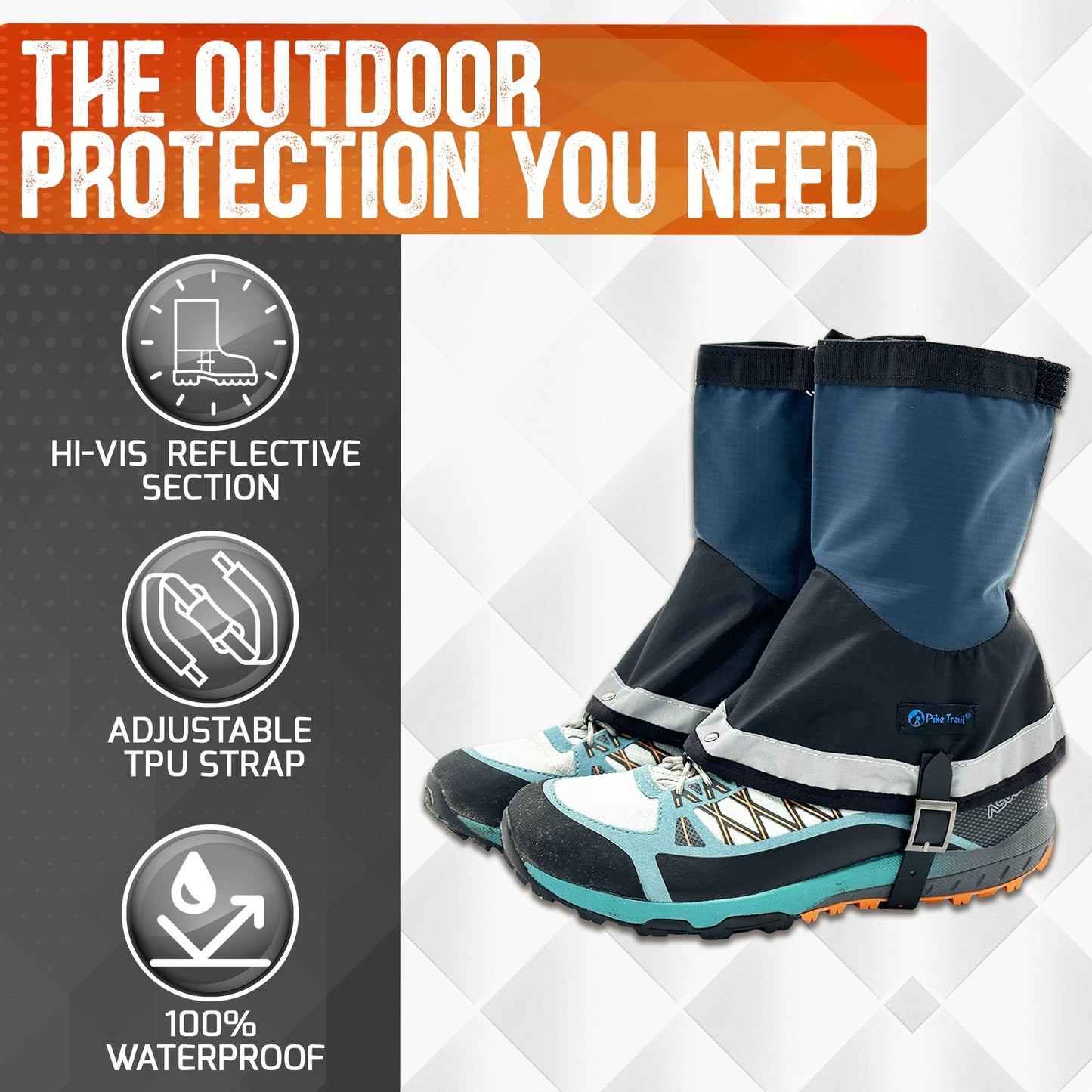 Pike Trail Mid Length Gaiters | 100% Waterproof | Rip-Stop Nylon | S/M Adjustable Fit