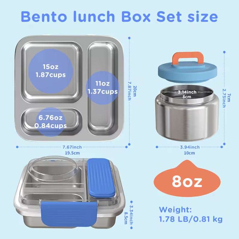 Blue stainless steel lunch box set with insulated soup cup and compartment layout