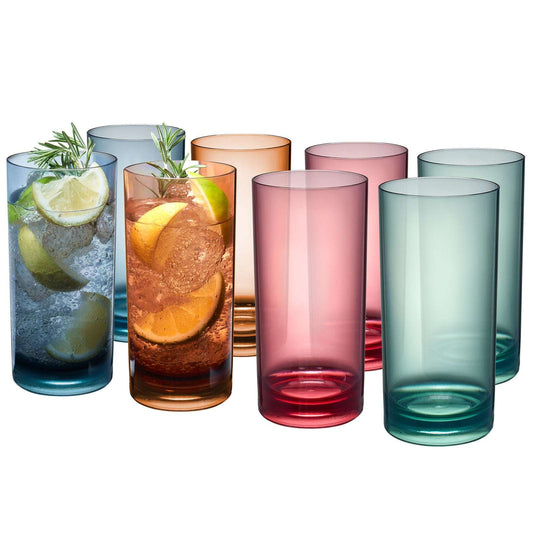 Set of 8 colored acrylic highball glasses, assorted pink, blue, green, amber, clear rims